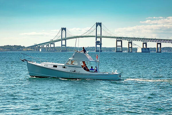 Rhode Island, Newport, Boating on Narragansett Bay with view of Claiborne Pell Bridge