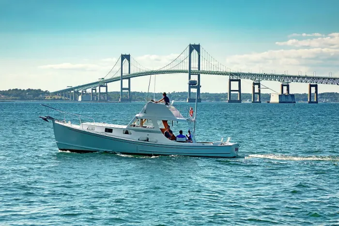 Framed Print : Rhode Island, Newport, Boating on Narragansett Bay with view of Claiborne Pell Bridge Framed Print : Rhode Island, Newport, Boating on Narragansett Bay with view of Claiborne Pell Bridge