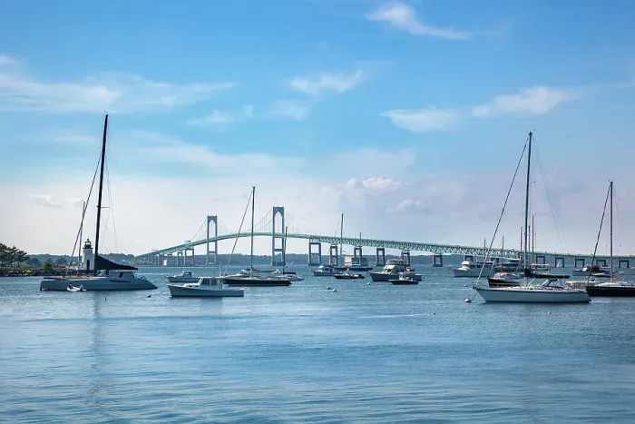 Framed Print : Rhode Island, Newport Bridge and Newport Harbor lighthouse, boats Framed Print : Rhode Island, Newport Bridge and Newport Harbor lighthouse, boats
