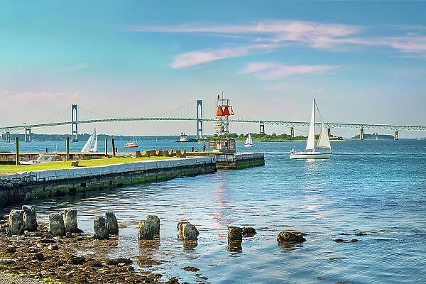 Rhode Island, Newport, Claiborne Pell Bridge seen from Fort Adams