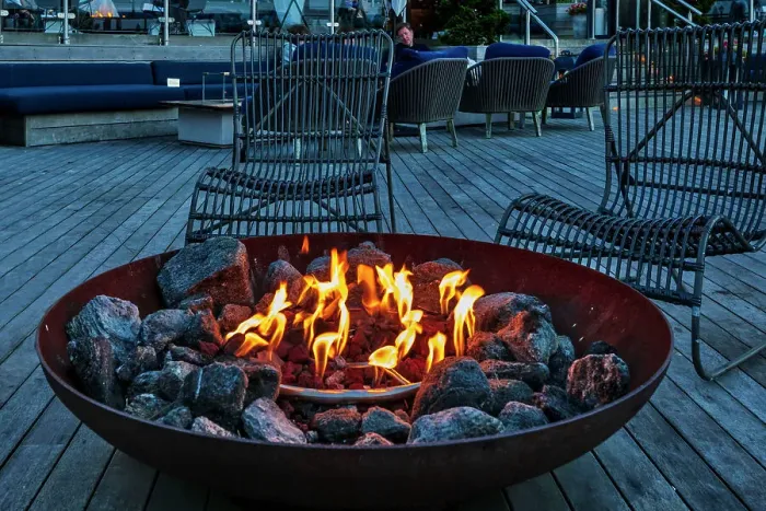 Framed Print : Rhode Island, Newport, Gurney's Newport Resort, Fire pit on deck Framed Print : Rhode Island, Newport, Gurney's Newport Resort, Fire pit on deck