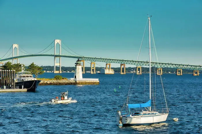 Framed Print : Rhode Island, Newport, Newport Harbor Lighthouse, and Claiborne Pell Bridge Framed Print : Rhode Island, Newport, Newport Harbor Lighthouse, and Claiborne Pell Bridge