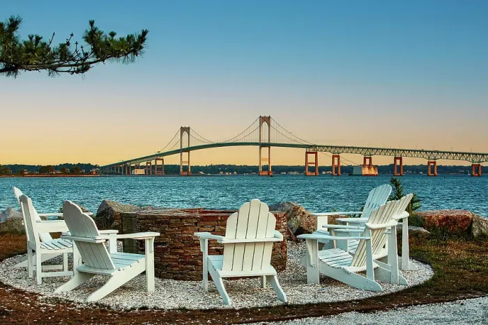 Framed Print : Rhode Island, Newport, view of adirondack chairs with Claiborne Pell Bridge Framed Print : Rhode Island, Newport, view of adirondack chairs with Claiborne Pell Bridge