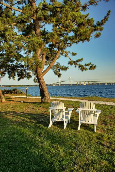 Framed Print : Rhode Island, Newport, view of adirondack chairs with Claiborne Pell Bridge Framed Print : Rhode Island, Newport, view of adirondack chairs with Claiborne Pell Bridge