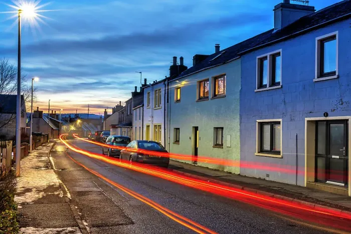 Framed Print : Scotland, Balintore, main street with cars Framed Print : Scotland, Balintore, main street with cars