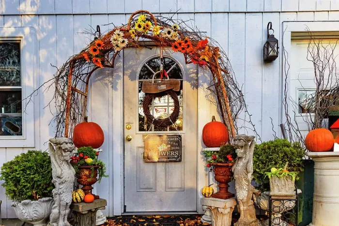 Framed Print : Store front with autumn decor