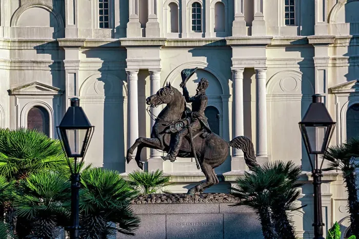 Framed Print : USA, Louisiana, New Orleans, French Quarter, Jackson Square, with Jackson's statue at center, and Saint Louis Cathedral
