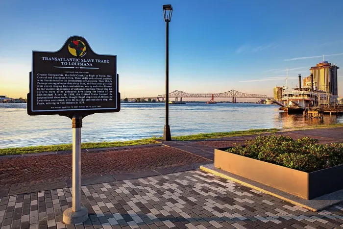 Framed Print : USA, Louisiana, New Orleans, waterfront with Historic Marker for Transatlantic Slave Trade