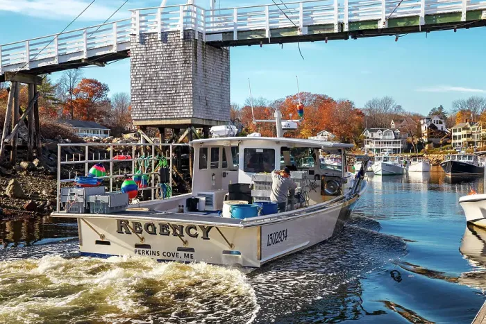 Framed Print : USA, Maine, Ogunquit, Lobster Boat Passing under Perkins Cove Footbridge