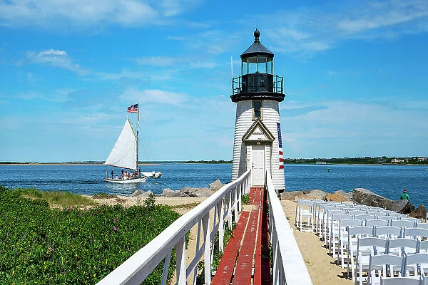 USA, Nantucket, Massachusetts, New England, Brant Point Lighthouse, sailboat