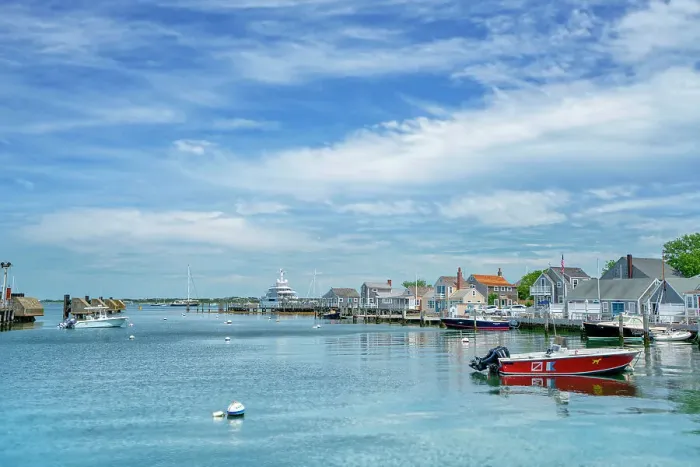 Framed Print : USA, Nantucket, Massachusetts, New England, shore houses, dock and boats moored Framed Print : USA, Nantucket, Massachusetts, New England, shore houses, dock and boats moored