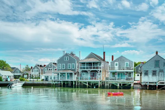 Framed Print : USA, Nantucket, Massachusetts, New England, red canoe floating in front of shore houses, boat Framed Print : USA, Nantucket, Massachusetts, New England, red canoe floating in front of shore houses, boat