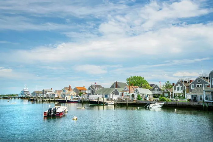 Framed Print : USA, Nantucket, Massachusetts, New England, houses on the shore, boats next to dock Framed Print : USA, Nantucket, Massachusetts, New England, houses on the shore, boats next to dock