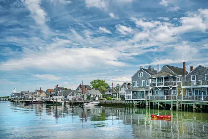Framed Print : USA, Nantucket, Massachusetts, New England, shore houses and boats moored on a dock Framed Print : USA, Nantucket, Massachusetts, New England, shore houses and boats moored on a dock