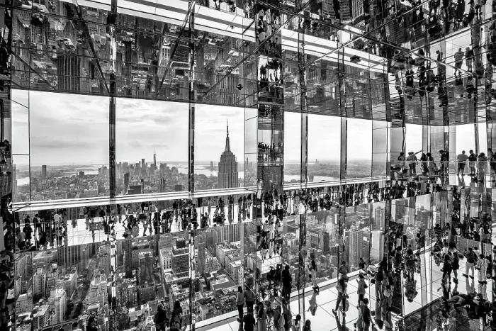 Framed Print : USA, New York City, Manhattan, black and white mirrored view inside Summit Building, people walking on glass floor, Empire State Building and downtown Manhattan in the background Framed Print : USA, New York City, Manhattan, black and white mirrored view inside Summit Building, people walking on glass floor, Empire State Building and downtown Manhattan in the background