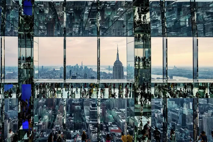 Framed Print : USA, New York City, Manhattan, mirrored view of people walking on glass floor in Summit building, Empire State and lower Manhattan in the background Framed Print : USA, New York City, Manhattan, mirrored view of people walking on glass floor in Summit building, Empire State and lower Manhattan in the background