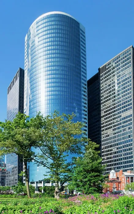 Framed Print : USA, New York City, Manhattan, Servcorp building behind a garden with flowers