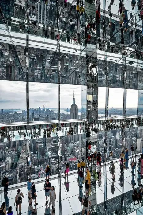 Framed Print : USA, New York City, Manhattan, Summit Building, mirrored view of people walking on glass floor, Empire State Building and Manhattan in the background Framed Print : USA, New York City, Manhattan, Summit Building, mirrored view of people walking on glass floor, Empire State Building and Manhattan in the background