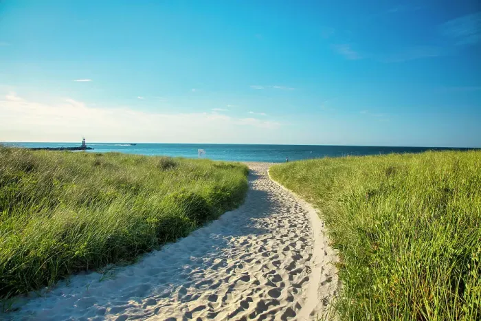 Framed Print : USA, New York, Montauk, Long Island, sand path with green grass on both sides, Gin Beach Framed Print : USA, New York, Montauk, Long Island, sand path with green grass on both sides, Gin Beach
