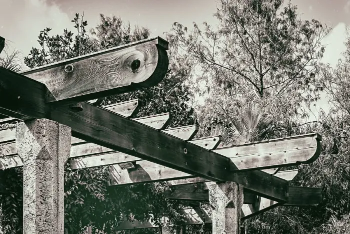 Framed Print : Detail of wooden beams on pergola Framed Print : Detail of wooden beams on pergola