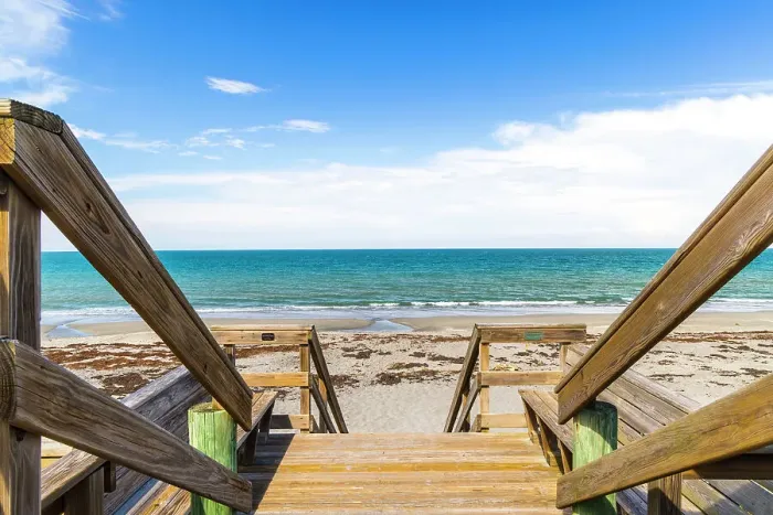 Framed Print : Wooden staircase leading to beach Framed Print : Wooden staircase leading to beach