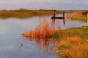 Grass Prints: Abstract painting of two people on a fishing platform