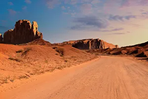 National Park Prints: Arizona, Monument Valley, Sentinel Mesa Dirt Road and Buttes Landscape