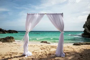 Island Prints: Bermuda, Elsbeth Beach, Curtain on pink sand Beach with aquamarine water