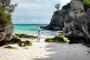 Island Prints: Bermuda, Horseshoe Beach, Woman enjoying secluded beach with aquamarine waters