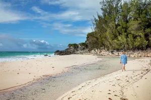 Atlantic Prints: Bermuda, private beach at Rosewood Bermuda Hotel, Woman doing walking meditation