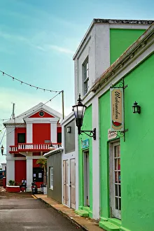 Island Prints: Bermuda, Saint George, King Street, Typical architecture, And Town Hall in the background