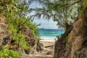 Island Prints: Bermuda, South Shore, Path with view of Woman enjoying aquamarine water washing over her