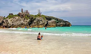 Atlantic Prints: Bermuda, Southampton, Horseshoe Bay beach, family enjoying pink sand and aquamarine water