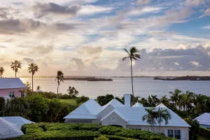 Bermuda, View to Harbor and Great Sound, and buildings with iconic white rooftops