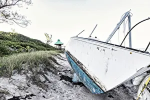 Atlantic Prints: Boat wreck on beach with lifeguard tower in background