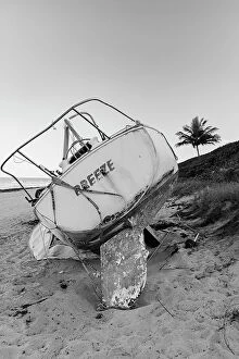 Images Dated 22nd May 2023: Boat wreck on beach with palm tree in background