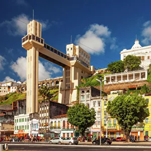Modern Prints: Brazil, Bahia, Salvador city, Lacerda elevator and upper town & lower town scene