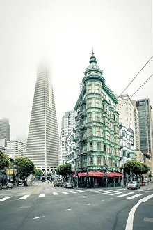 Building Prints: California, San Francisco, Transamerica Pyramid skyscraper and copper green Columbus Tower (aka Sentinel Building)