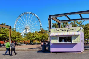 Canada, Quebec, Montreal, Old Port, Ferris wheel and Ice cream parlor