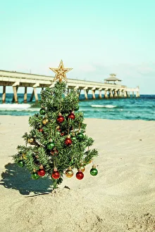 Christmastide Prints: Christmas tree on the beach with pier in background