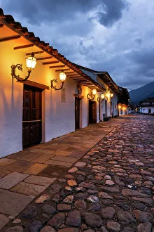 Vertical Prints: Colombia, Boyaca, Villa de Leyva sidewalk in main square