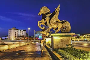 Downtown Prints: Colombia, Cartagena, Girl Taking Photo of Pegasus Sculpture