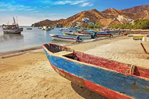 Caribbean Prints: Colombia, Magdalena, beach scene at Taganga fishing village