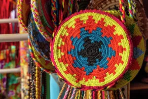 Colorful Prints: Colombia, Magdalena, Taganga, handmade bag displayed