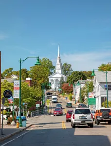 Connecticut, Mystic, Main street with Union Baptist Church