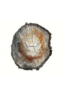Cross section of cut tree branch against a white background