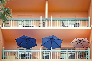 Terrace Prints: Florida, Boca Raton, three umbrellas on balcony