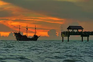 County Prints: Florida, Clearwater, Captain Memo's Pirate ship with golden sky