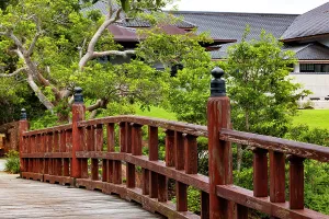 Foot Bridge Prints: Florida, Delray Beach, Morikami Japanese Gardens and Museum, wooden posts on footbridge