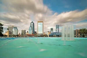 Waterfountain Prints: Florida, Downtown Jacksonville, city skyline with bridge and water fountain